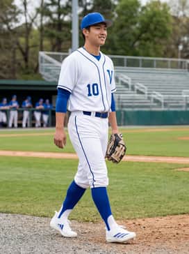 Adizero Electric 20 Baseball Cleats – A traditional full-white baseball uniform with royal blue piping, a blue leather belt, and matching blue stirrup socks to emphasize the cleat's accent colors.