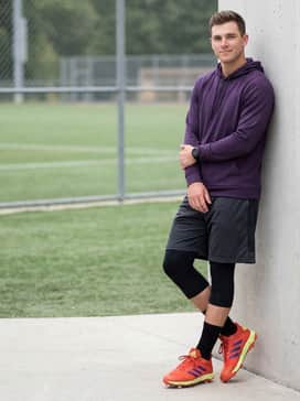 A pre-game warm-up ensemble consisting of charcoal grey performance mesh shorts, a lightweight tech hoodie in a deep purple, and a technical sports watch.