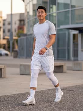 Professional team uniform featuring white compression tights and a matching silver-accented jersey for a streamlined on-field aesthetic.