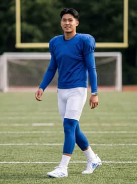 A coordinated team uniform consisting of a royal blue jersey and white integrated football pants with matching blue compression sleeves.