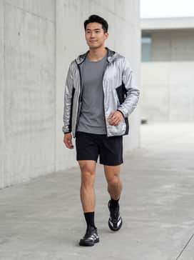 A performance-focused look featuring black compression tights, a metallic grey moisture-wicking jersey, and a lightweight silver windbreaker for early morning runs.