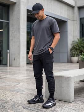A technical streetwear ensemble consisting of black tapered cargo pants with utility straps, an oversized charcoal graphic t-shirt, and a sleek black baseball cap.