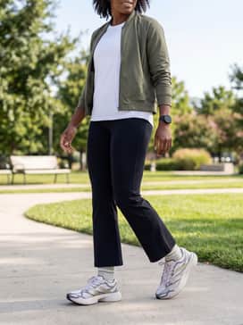 A post-workout recovery style using flared black athletic pants, an oversized white graphic tee, and a structured olive green bomber jacket for a sophisticated streetwear finish.