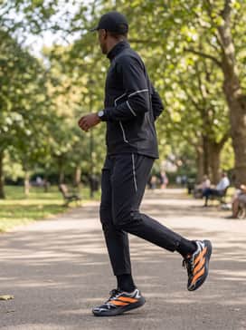 A high-performance black tracksuit with reflective accents and a minimalist black tech-wear cap for a streamlined post-race aesthetic.