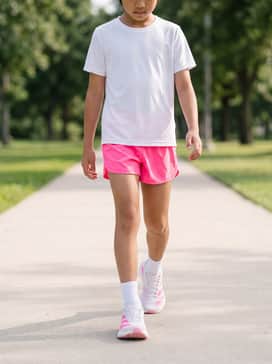 A white performance tee and matching neon pink athletic shorts for a high-visibility track-ready outfit.