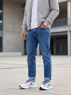 Urban Casual: Style with light-wash tapered jeans, a crisp white heavyweight cotton t-shirt, and a grey technical bomber jacket to highlight the shoe's modern silhouette.