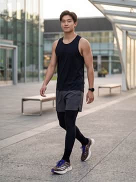 A technical athletic look featuring matte black compression leggings, charcoal grey running shorts, and a moisture-wicking black tank top to emphasize the leopard print.