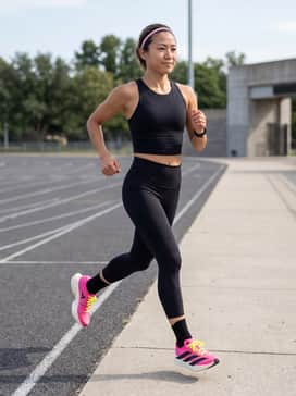 A performance-driven look featuring black high-compression running leggings, a matching black moisture-wicking cropped tank, and a sleek pink headband to echo the shoe's primary color.