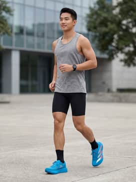 Performance Runner: Pair with black compression tights, a bright orange moisture-wicking singlet, and a sleek silver running watch to echo the shoe's accents.