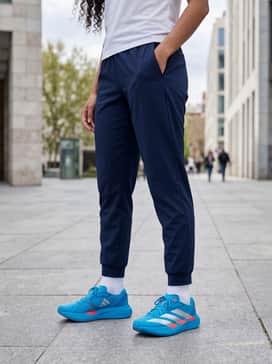 Adizero Evo Sl Shoes – Modern Athleisure: Style with navy blue tapered joggers and a crisp white technical t-shirt, layered under a lightweight gray windbreaker for a clean, sporty silhouette.