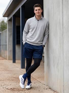 Adizero Impact 20 Baseball Cleats – An intense warm-up ensemble consisting of black compression tights worn under navy blue athletic shorts and a lightweight grey quarter-zip pullover.