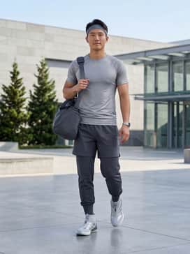 Athletic Performance: Charcoal grey moisture-wicking compression leggings worn under black mesh athletic shorts, paired with a fitted silver-grey tech-fabric t-shirt and a performance headband for high-intensity training sessions.