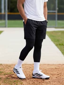 Adizero Impact 20 Molded Baseball Cleats – Athletic practice gear consisting of black moisture-wicking compression shorts and a breathable white performance training tee.