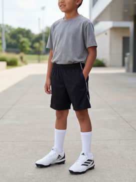 A casual practice outfit with a moisture-wicking grey technical t-shirt, lightweight black mesh shorts, and white mid-calf athletic socks.