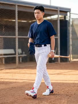 Adizero Impact 20 Usa Baseball Cleats – A full professional uniform consisting of white pinstripe baseball pants, a matching navy blue jersey with red lettering, and a navy leather belt.