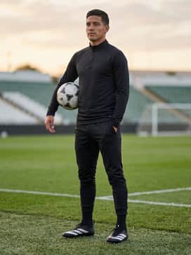 Adizero Impact Football Cleats – Tapered black technical joggers paired with a fitted quarter-zip training top and moisture-wicking socks for a streamlined warm-up look that emphasizes speed.