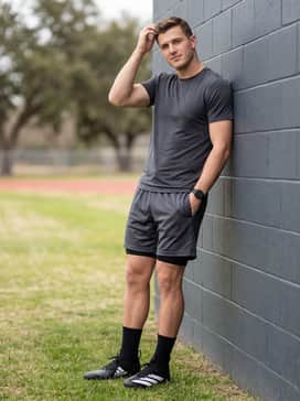 Adizero Impact Football Cleats – Heavy-duty mesh practice shorts in charcoal grey worn with a compression-fit base layer and a lightweight athletic tee for maximum mobility during drills.