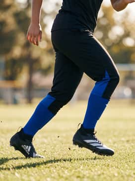 Adizero Impact Football Cleats – A coordinated tracksuit in a bold primary color like royal blue or red, using the black and white cleats as a neutral anchor to keep the focus on the team colors.