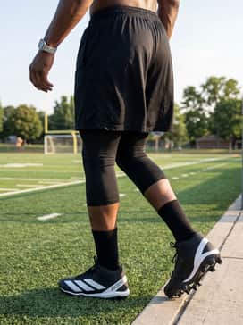 Adizero Impact2 Molded Rubber Football Cleats – A pre-game training look with black compression leggings worn under mesh shorts, a graphic performance tank top, and a sleek sports backpack for gear storage.