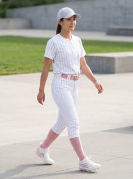 Adizero Instinct Tpu 20 Shoes – A crisp white pinstriped softball uniform with a matching pink belt and high-performance pink socks to accentuate the shoe's heel color.