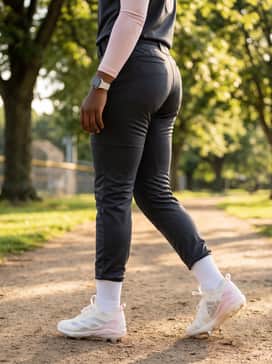 Dark charcoal softball trousers with a light pink compression sleeve on the dominant arm and a matching white visor for sun protection during tournaments.