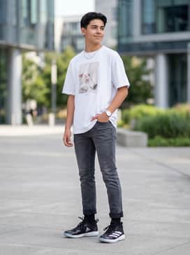 Adizero Instinct Turf Shoes 20 – Style with slim-fit charcoal grey athletic-fit jeans and a crisp white oversized graphic tee for a sharp, contemporary street-ready look.