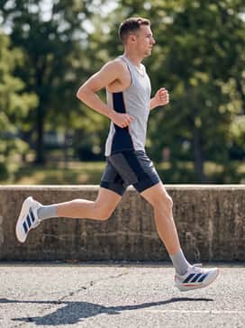 Adizero Prime X Evo Shoes – Navy blue tapered athletic joggers worn with a fitted white mesh t-shirt and a matching navy windbreaker for a cohesive warm-up ensemble.