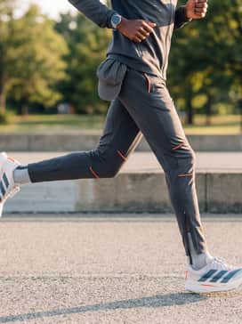 Adizero Prime X Evo Shoes – A monochromatic charcoal grey track suit consisting of slim-fit pants and a zip-up hoodie, styled with high-visibility accessories like a reflective running cap.