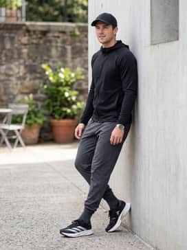 Adizero Sl 2 Shoes – Athleisure Comfort: Style with charcoal grey tapered joggers, a matching fitted zip-up hoodie, and a tech-fabric baseball cap for a polished gym-to-café transition.