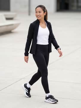 Adizero Sl2 Shoes – High-performance look with black high-waisted compression leggings, a white moisture-wicking racerback tank, and a slim-fit technical running jacket for early morning miles.