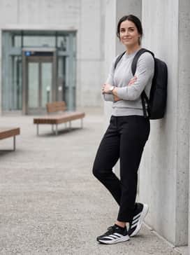 A sleek commuter outfit consisting of tapered black travel trousers, a lightweight grey merino wool sweater, and a minimalist waterproof backpack.