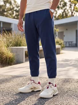 Tapered navy blue tech-fleece joggers and a moisture-wicking cream compression top to highlight the shoe's metallic champagne stripes.