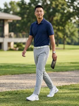 A navy blue performance polo tucked into light grey tailored golf trousers with a slim white leather belt for a classic course look.