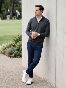 A charcoal grey quarter-zip pullover layered over a crisp white shirt with slim-fit navy chinos for a sharp transition from the green to the clubhouse.