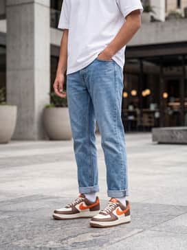 Straight-leg light wash denim jeans with a clean cuff at the ankle, a plain white boxy tee, and a tan corduroy chore coat for a textured, vintage-inspired look.