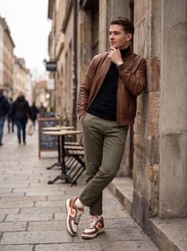 Olive green chinos styled with a black turtleneck and a brown leather bomber jacket, creating a sophisticated yet rugged urban ensemble.