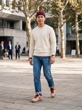 Deep indigo slim-fit selvedge denim paired with a heavyweight cream-colored knit sweater and a burgundy beanie to echo the shoe's accents.
