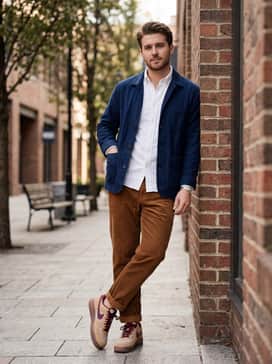 Tobacco corduroy chinos combined with a crisp white Oxford shirt and a navy blue chore coat for a textured, heritage-inspired look.