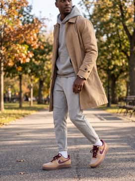 Light grey tech-fleece joggers styled with a matching hoodie and a structured tan trench coat for a high-low streetwear aesthetic.
