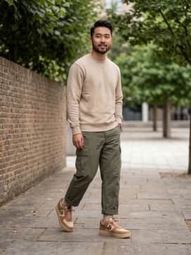 Air Force 1 07 Realtree – A monochromatic beige hoodie paired with relaxed-fit olive cargo pants and a matching tan beanie for a cohesive utility look.