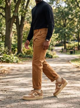 Air Force 1 07 Realtree – Straight-leg duck brown canvas work pants paired with a simple black mock-neck long-sleeve tee for a rugged and clean silhouette.