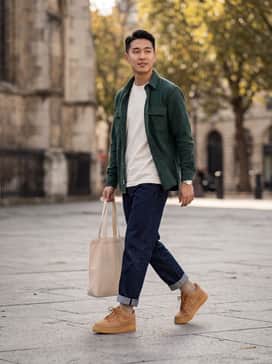 Dark indigo raw denim jeans cuffed at the ankle, paired with a heavy-weight white cotton t-shirt and an unbuttoned flannel shirt in forest green or burgundy for a classic workwear-inspired look.