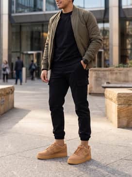 Black tapered joggers or cargo pants with a matching black oversized hoodie and an olive green bomber jacket to create a modern, military-influenced street aesthetic.