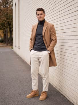 Air Force 1 07 Wb – Cream-colored corduroy trousers paired with a charcoal grey turtleneck sweater and a camel-colored topcoat for a sophisticated, tonal autumn ensemble.