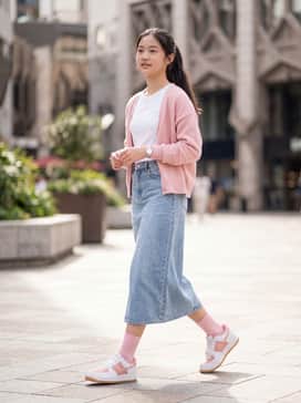 Air Force 1 – A light-wash denim skirt paired with a tucked-in white graphic tee and a pastel pink cardigan for a sweet, everyday school look.