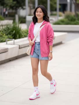 Pair these sneakers with high-waisted light-wash denim shorts, a cropped white graphic tee, and an oversized hot pink zip-up hoodie for a cohesive, vibrant weekend look.
