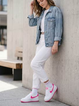 Create a streetwear-inspired ensemble with baggy olive cargo pants, a tucked-in white baby tee, and a denim jacket, letting the pink shoes serve as the focal point.