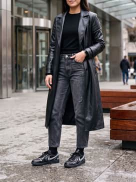 Air Jordan 1 Low Method Of Make – Oversized charcoal grey distressed jeans and a black faux-leather trench coat to emphasize the shoe's metallic hardware.