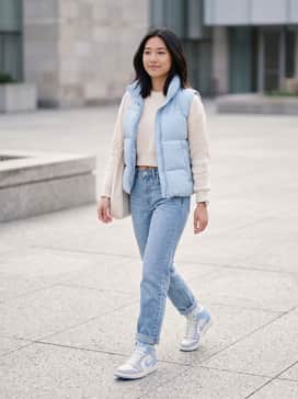 High-waisted light wash straight-leg jeans paired with a cropped cream-colored knit sweater and a matching ice-blue puffer vest for a cozy, layered look.