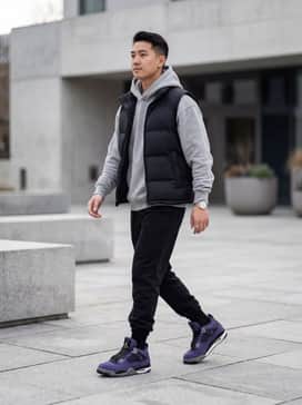 Air Jordan 4 Retro Imperial Purple – Pair these sneakers with black slim-fit joggers, a heather grey oversized hoodie, and a sleek black puffer vest for a classic urban streetwear look.